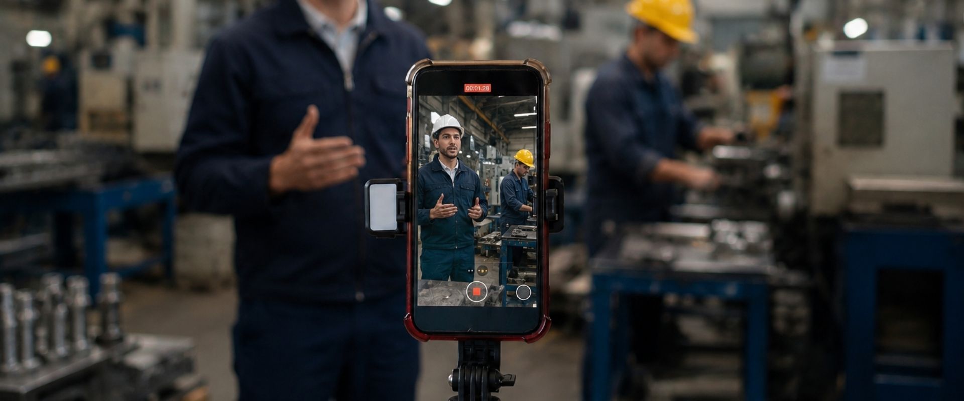 dipendenti che registrano un video reel all'interno del reparto produttivo
