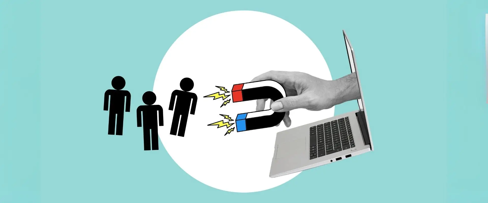 Mano che esce dal monitor di un computer portatile che, con una calamita, attira a sé delle persone
