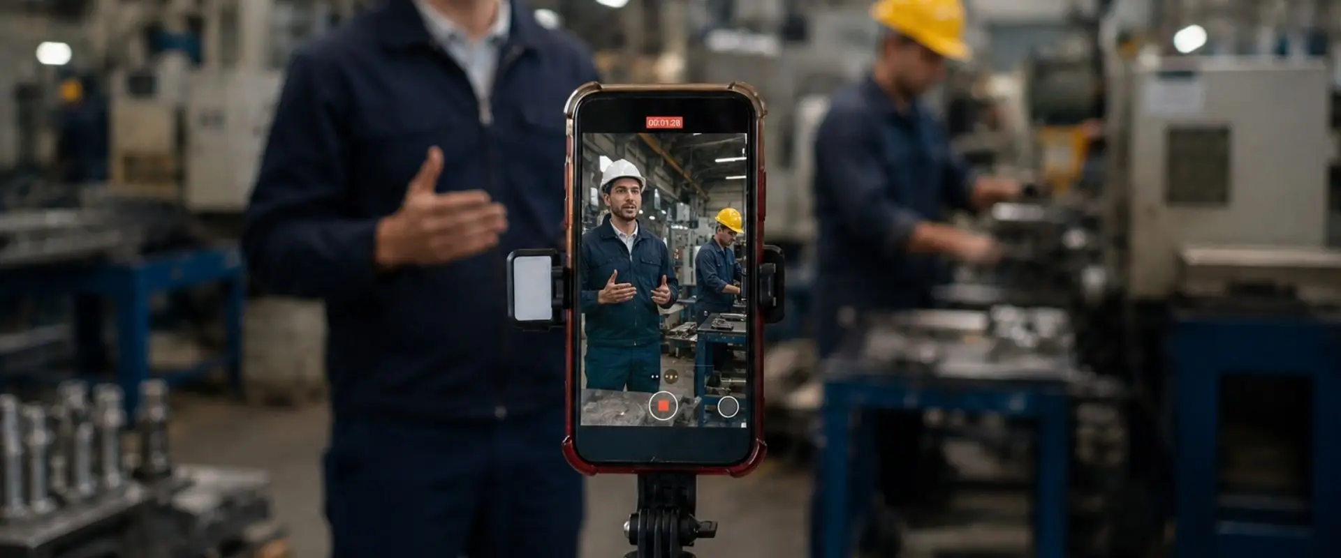 dipendenti che registrano un video reel all'interno del reparto produttivo